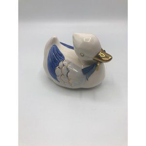 Vintage ceramic duck figurine hand painted cobalt blue, gold accents, fabric bow